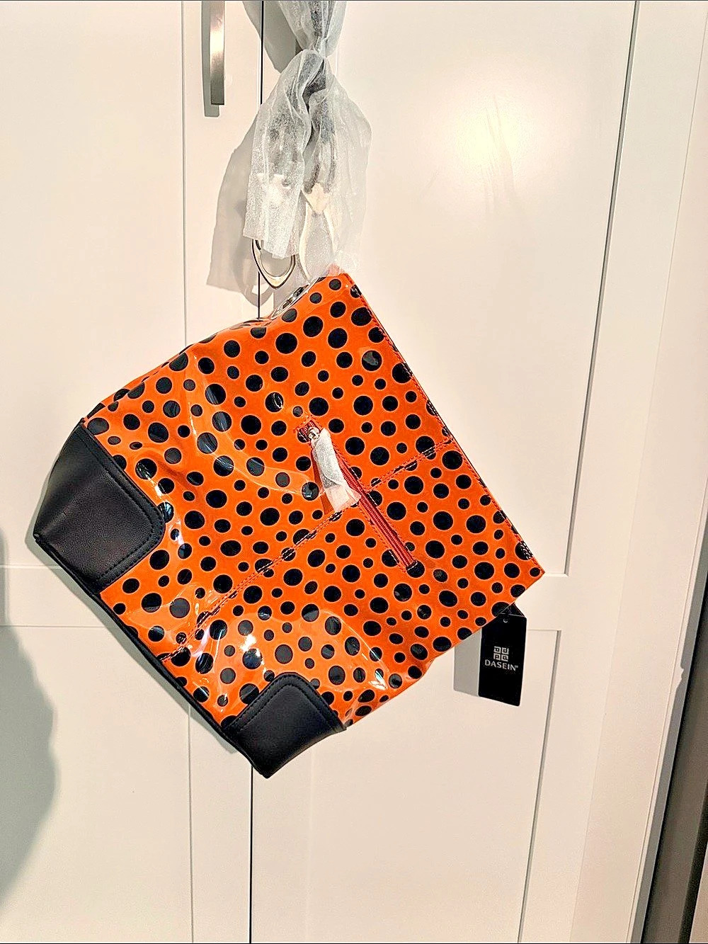 Dasein Orange Black Polka Dot Patent Satchel Shoulder Bag - Picture 3 of 9
